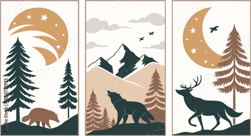 Set of abstract vertical background with autumn forest, animals, leaves in one line style and A modern minimalist vector illustration poster set featuring wild animals with double exposure landscape d