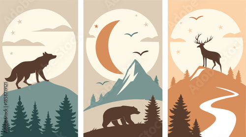 Set of abstract vertical background with autumn forest, animals, leaves in one line style and A modern minimalist vector illustration poster set featuring wild animals with double exposure landscape d
