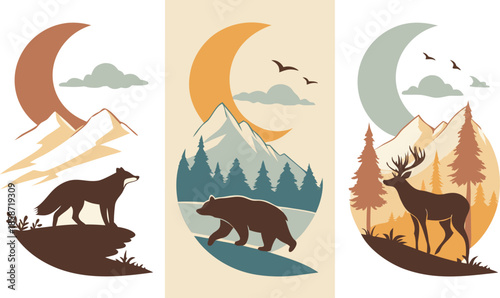 Set of abstract vertical background with autumn forest, animals, leaves in one line style and A modern minimalist vector illustration poster set featuring wild animals with double exposure landscape d