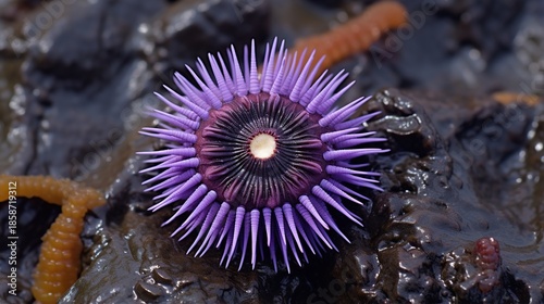 Vivid Purple Sea Urchin with Radiating Spines Resting on Wet Rocky Surface in Tide Pool