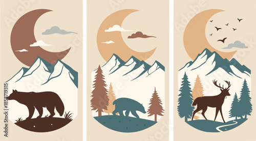 Set of abstract vertical background with autumn forest, animals, leaves in one line style and A modern minimalist vector illustration poster set featuring wild animals with double exposure landscape d