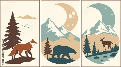 Set of abstract vertical background with autumn forest, animals, leaves in one line style and A modern minimalist vector illustration poster set featuring wild animals with double exposure landscape d