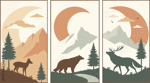 Set of abstract vertical background with autumn forest, animals, leaves in one line style and A modern minimalist vector illustration poster set featuring wild animals with double exposure landscape d