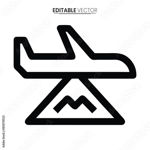 Simple black and white line art illustration of an airplane flying over mountainous terrain