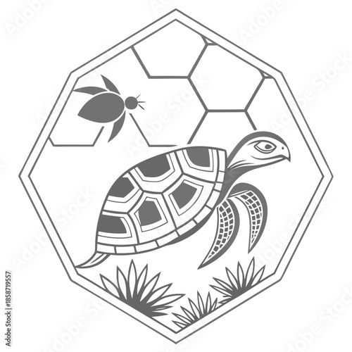 Stylized Turtle and Insect in Hexagonal Frame with Nature Elements tortoise animal