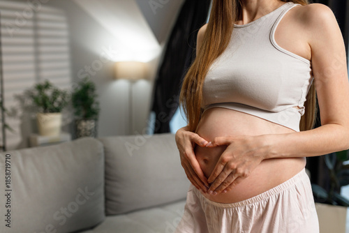 Pregnant woman cradles her belly forming a heart shape with her hands, indoors with soft lighting and home decor elements visible Free Download Pregnant woman cradles her belly forming a heart shape with her hands, indoors with soft lighting and home decor elements visible - GFXLoad