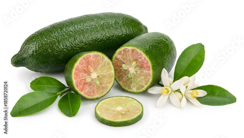 Fresh finger limes with vibrant pinkish pulp, green leaves, and delicate blossoms on white