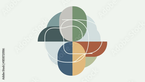 Abstract geometric shapes in various colors overlapping each other.