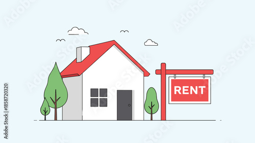 Small residential house with a red roof and for rent sign