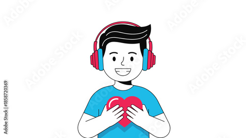 Happy young man wearing headphones and holding a red heart