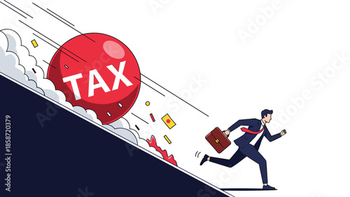 Businessman running away from a large rolling tax ball