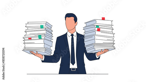 Businessman balancing two large stacks of paperwork