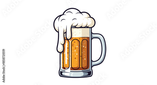 Illustration of a tall glass mug of cold beer with a thick layer of white frothy foam spilling over the side for tavern themes.
