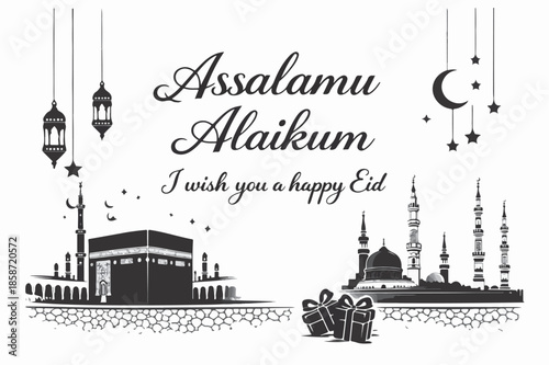 Eid Greeting Card with Kaaba and Madinah Mosque Silhouette