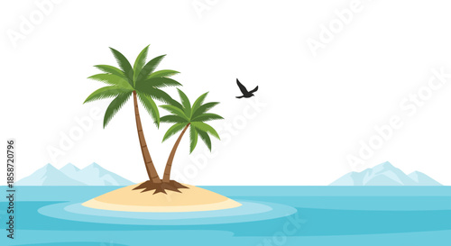 Tropical island landscape with two tall palm trees on a small sandy beach surrounded by turquoise ocean water and distant mountains.