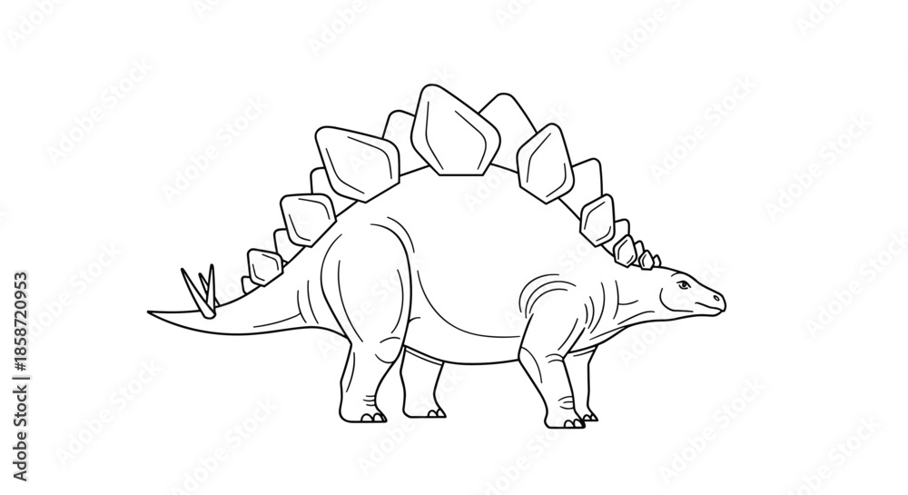 Obraz premium Simple black and white line drawing of a prehistoric stegosaurus dinosaur showing its distinctive plates and spiked tail.