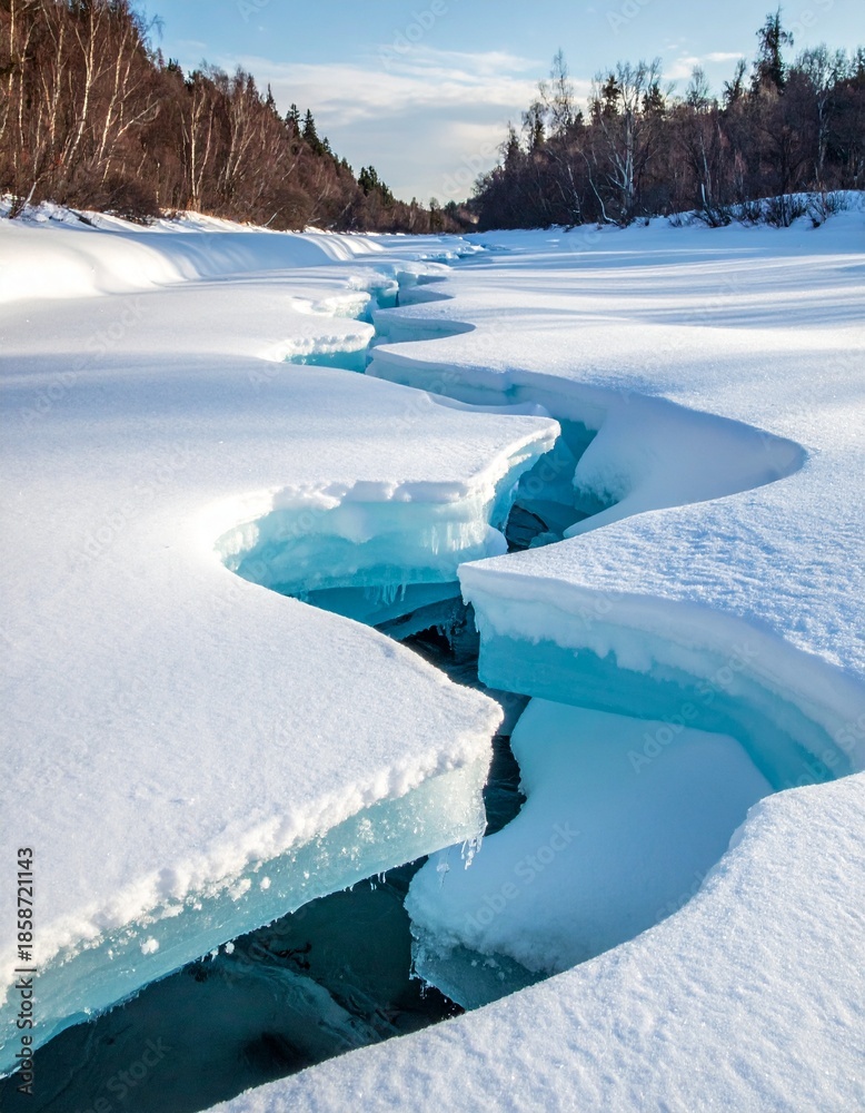 Obraz premium Ice on a frozen river cracking. Generative AI