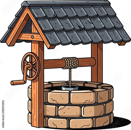An illustrated depiction of a classic wooden well with stone base