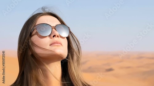 Closeup portrait of stylish woman wearing sunglasses in desert sunlight for fashion travel advertising and lifestyle branding