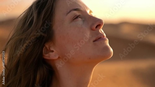 Peaceful woman enjoying desert sunset with eyes closed for wellness mindfulness travel and lifestyle advertising use