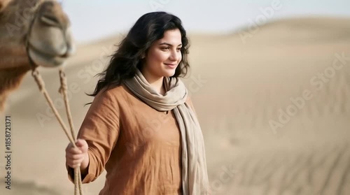 Woman walking with camel in desert landscape for travel tourism culture documentary and lifestyle advertising