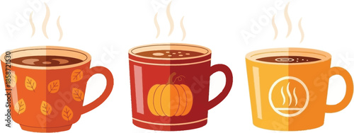 Three autumn themed mugs with steaming beverages perfect for fall enjoyment