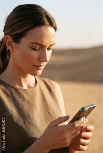 Woman checking smartphone in desert landscape for travel technology remote work and modern lifestyle advertising