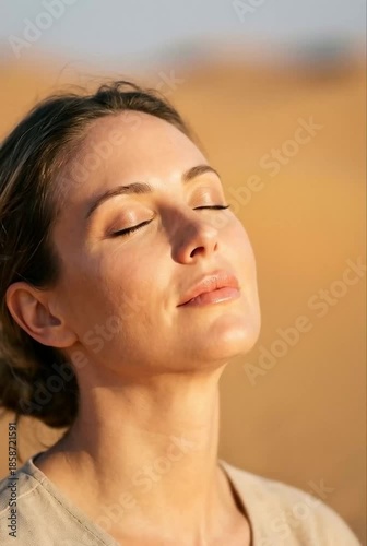 Relaxed woman with eyes closed enjoying desert sunlight for wellness mindfulness self care and lifestyle advertising