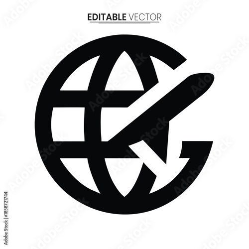 A black and white vector graphic depicting an airplane flying around the earth symbolizing global travel