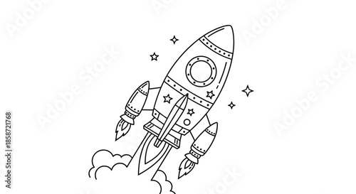 Cartoon rocket ship blasting off into space with smoke trails and small stars in a clean and simple line art style.