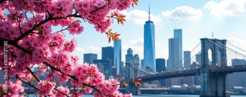 NYC skyscrapers with vibrant cherry blossoms in foreground, metropolitan, new york city, east river