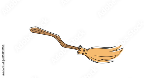 Simple illustration of a wooden witch broomstick with straw bristles floating against a white background for magic.