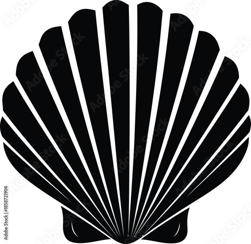 A simple black and white illustration of a scallop seashell