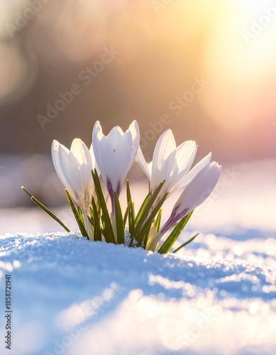 Crocus or snowdrop flowers blooming in snow. Generative AI