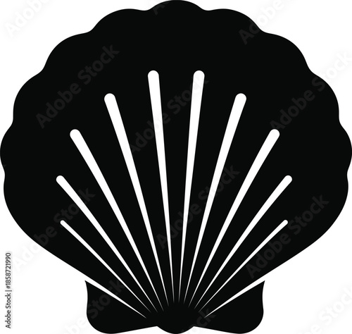 A simple black and white illustration of a scallop seashell design