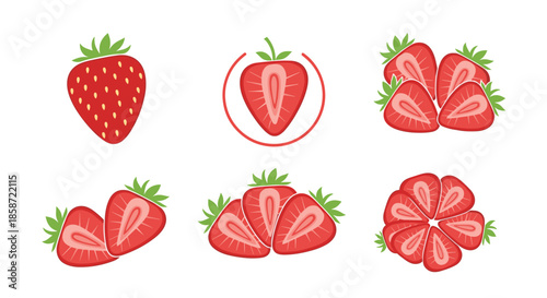 Set of various fresh strawberry illustrations including whole fruit and different slices showing the red pulp and green leaves.