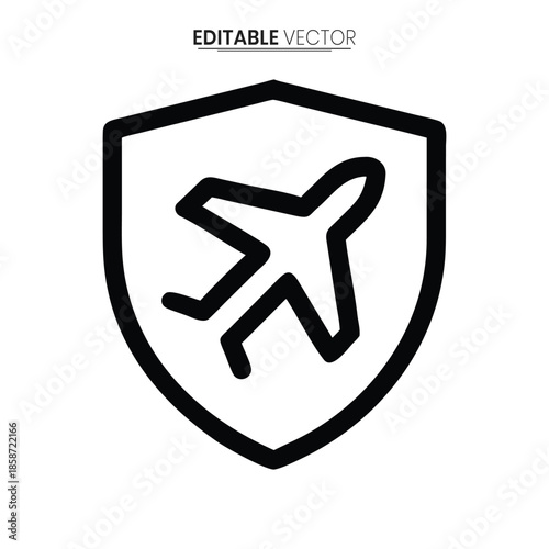 Travel insurance shield icon depicting airplane protection security and safety for journeys