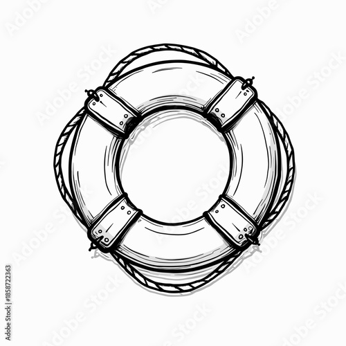 Lifebuoy ring with rope in hand-drawn style on white background  