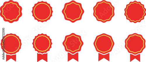 Collection of red and gold circular award badges and ribbon seals for marketing promotions quality certification and premium product labeling