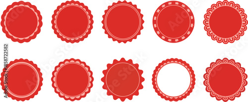 Collection of ten red circular decorative badges and scalloped labels with various border designs for marketing promotions and retail sales