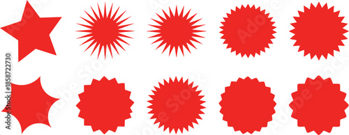 Collection of ten red starburst and sunburst sticker shapes with various point counts isolated on a plain white background