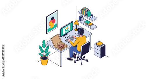 Isometric view of a person wearing headphones working or gaming at a computer desk with an open pizza box for a meal.