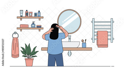 Woman seen from behind combing her long dark hair in front of a mirror during her morning routine in a modern bathroom.