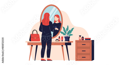 Woman with red hair looking in the mirror while getting ready with cosmetics and beauty products on her vanity table.
