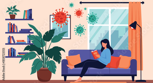 Woman relaxing on her sofa and reading a book to pass the time while staying at home during the coronavirus quarantine.