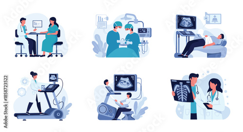 Set of medical examination illustrations including pregnancy check-ups surgery ultrasound scans and cardiac stress tests.