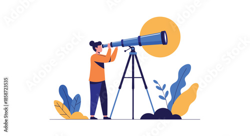 Woman looking through a large telescope to explore the stars and planets representing discovery research and ambition.