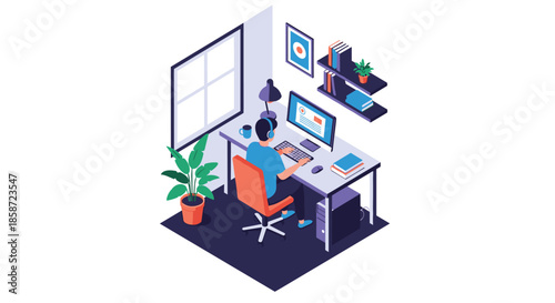 Isometric illustration of a man with headphones working or studying at a computer in a comfortable modern home office setup.