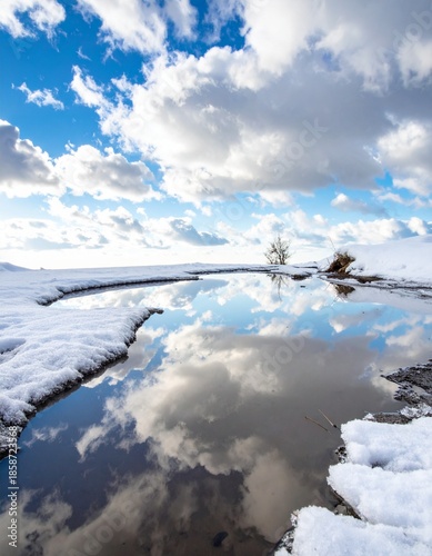 A puddle filled with melted snow water. Generative AI