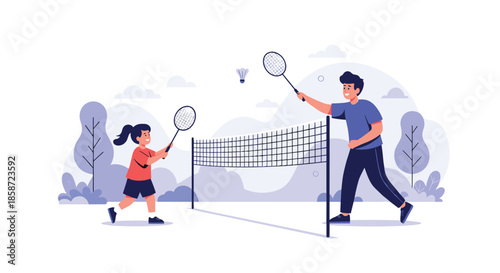 Happy father and daughter spending quality time together playing a game of badminton outdoors in a beautiful park.